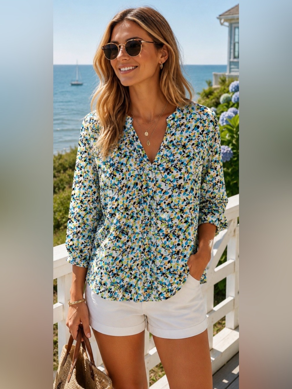 Kim Rogers 1X Top Shirt Linen Floral Print Button Down 3/4 Sleeve Boho Garden
